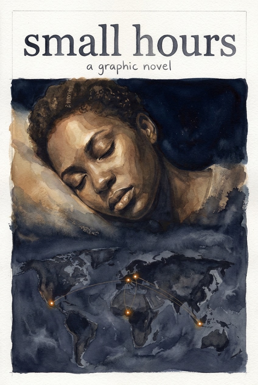 Small Hours cover: a sleeping face dissolving into a night map of the world