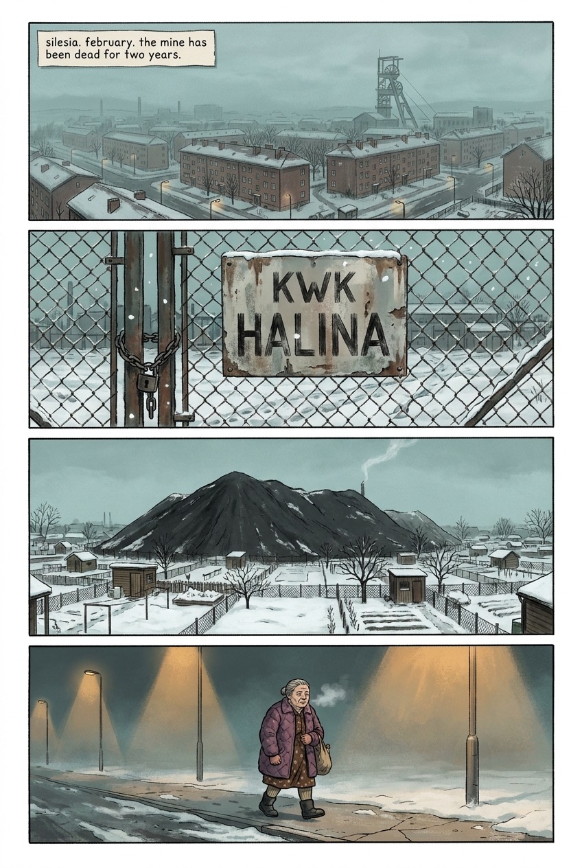 The Warm Hill, page 1: a Silesian mining town at dusk