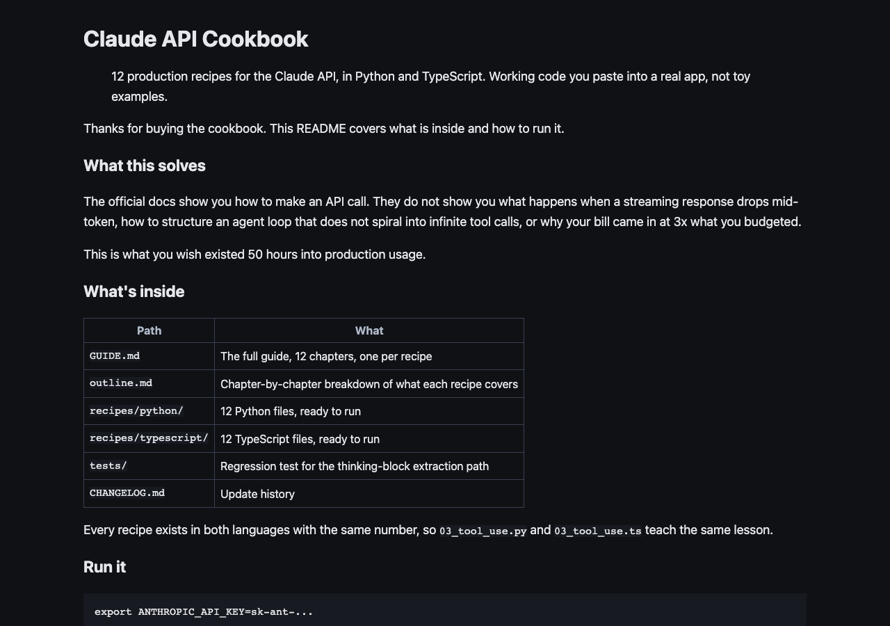 Claude API Cookbook: 12 Production Recipes: An excerpt from the included kit files.