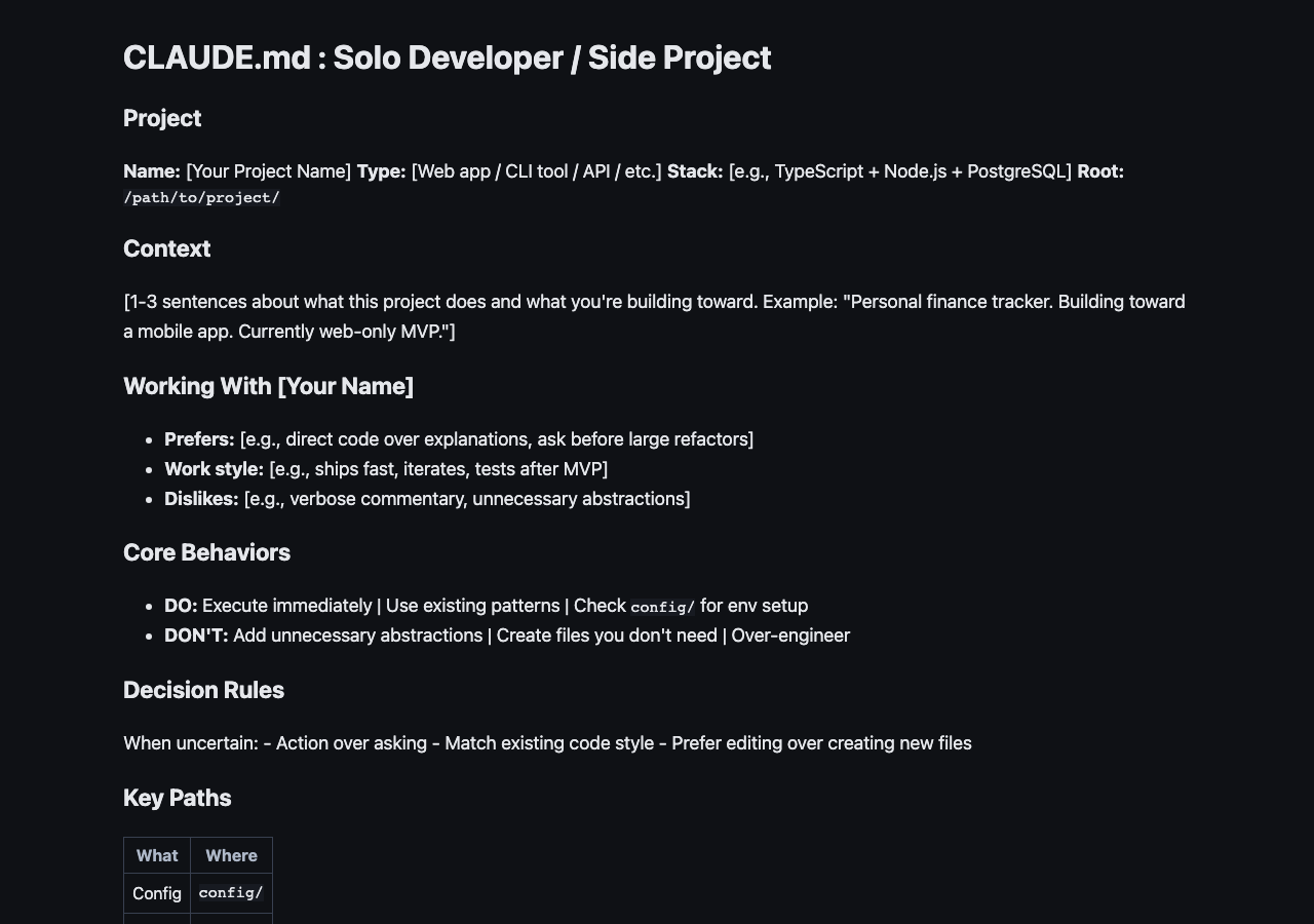 Claude Code Workshop: Mastery Guide: The included solo developer CLAUDE.md template, a real excerpt.